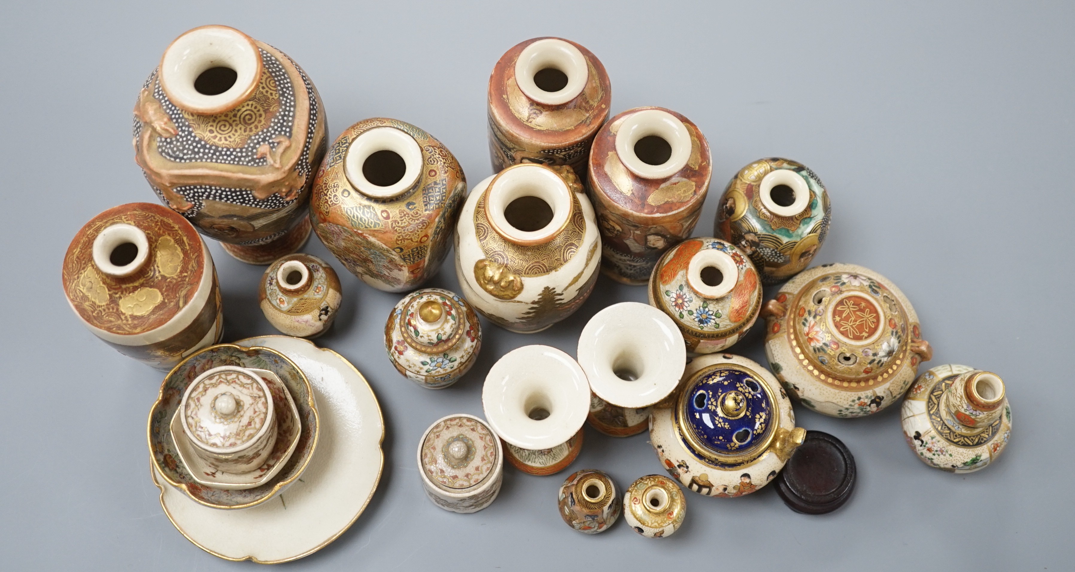 A group of small and miniature Satsuma pottery vases, koros and covers and dishes, late 19th/early 20th century, 3cm - 12cm